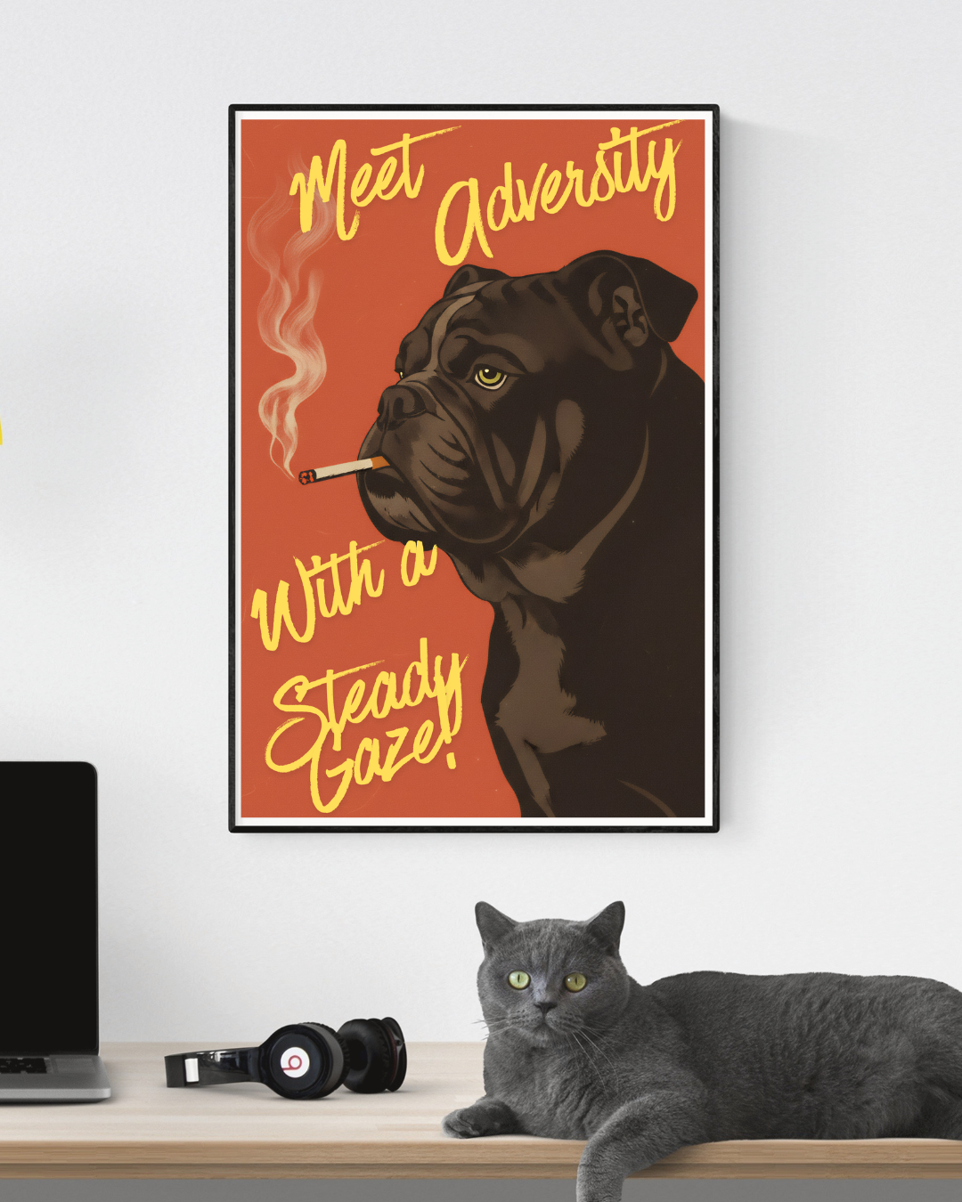Black Bulldog Smoking a Cigarette Vintage Poster Art
