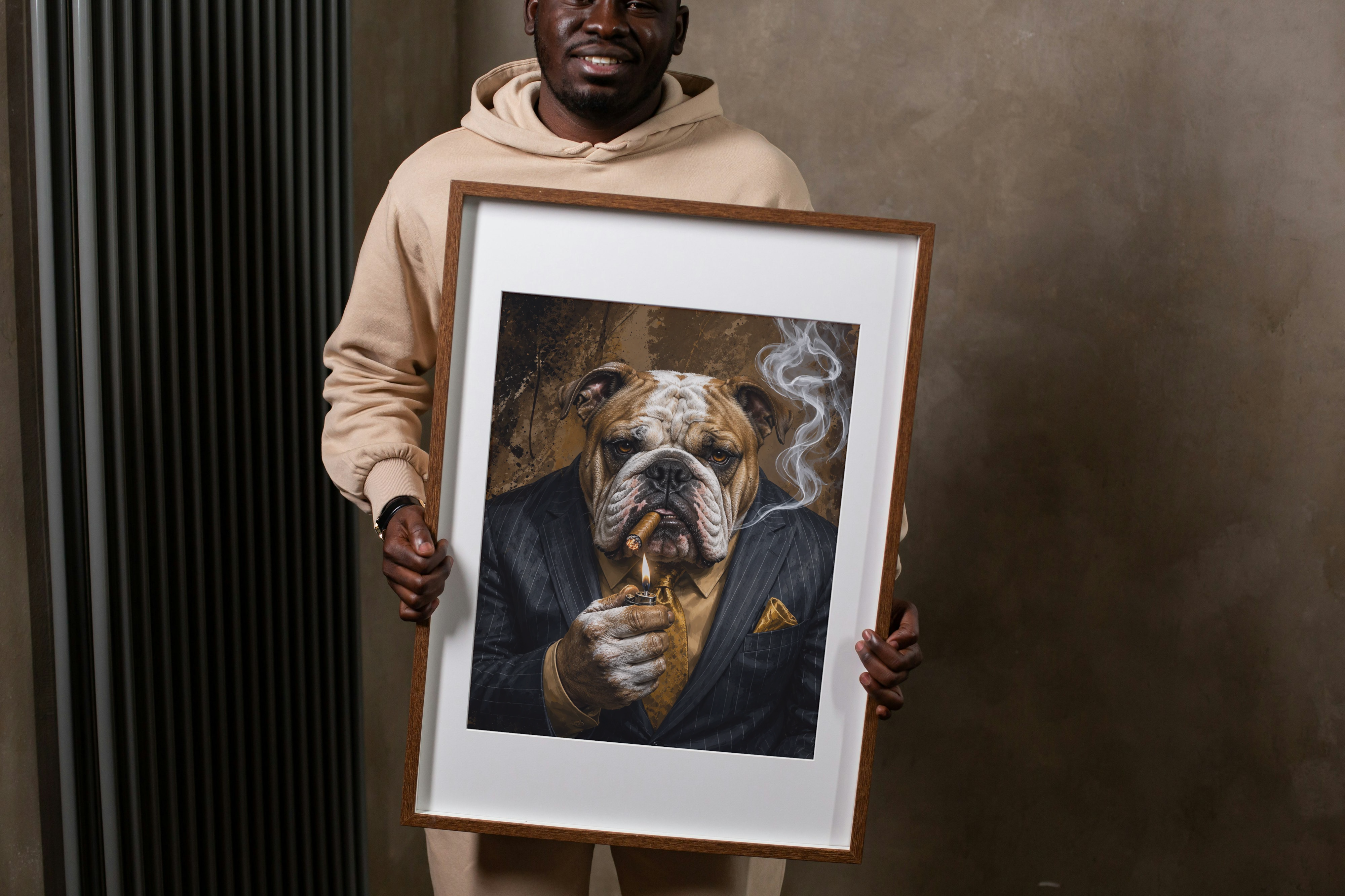 Gentleman Bulldog Wall Art – Luxury Animal Portrait Print, Cigar Bulldog Artwork, Dark Masculine Decor, Office Bar Art