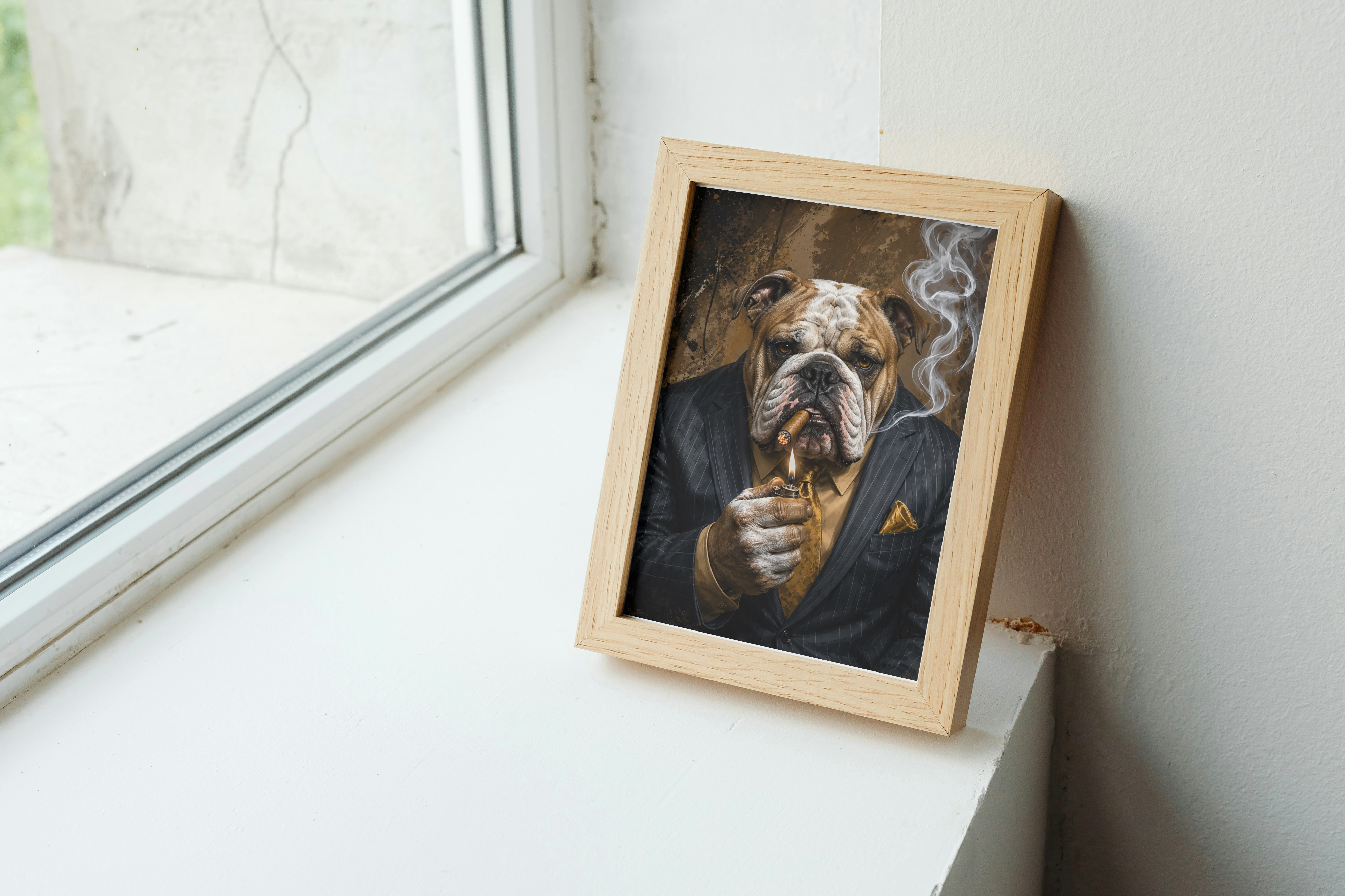 Gentleman Bulldog Wall Art – Luxury Animal Portrait Print, Cigar Bulldog Artwork, Dark Masculine Decor, Office Bar Art