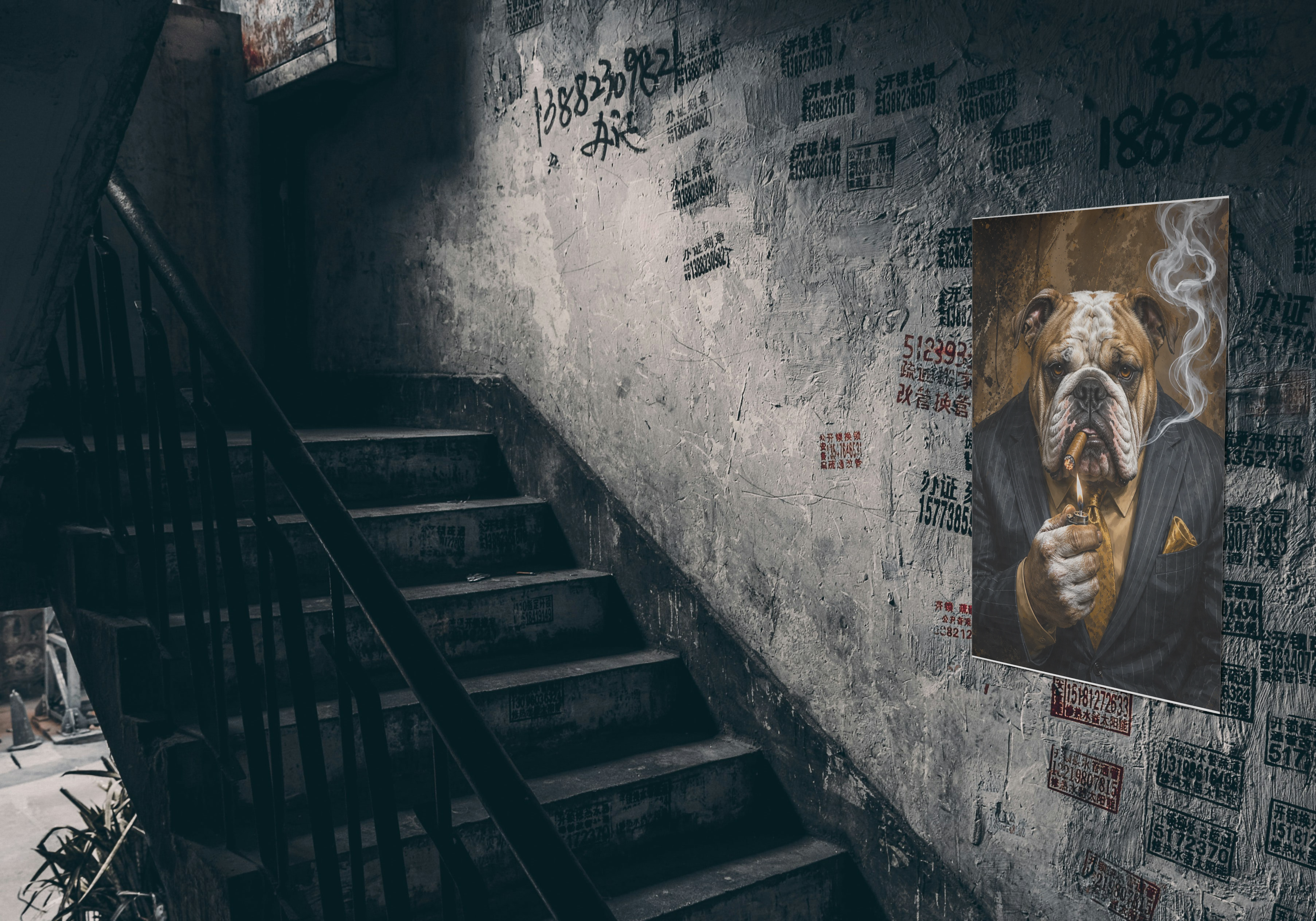 Gentleman Bulldog Wall Art – Luxury Animal Portrait Print, Cigar Bulldog Artwork, Dark Masculine Decor, Office Bar Art
