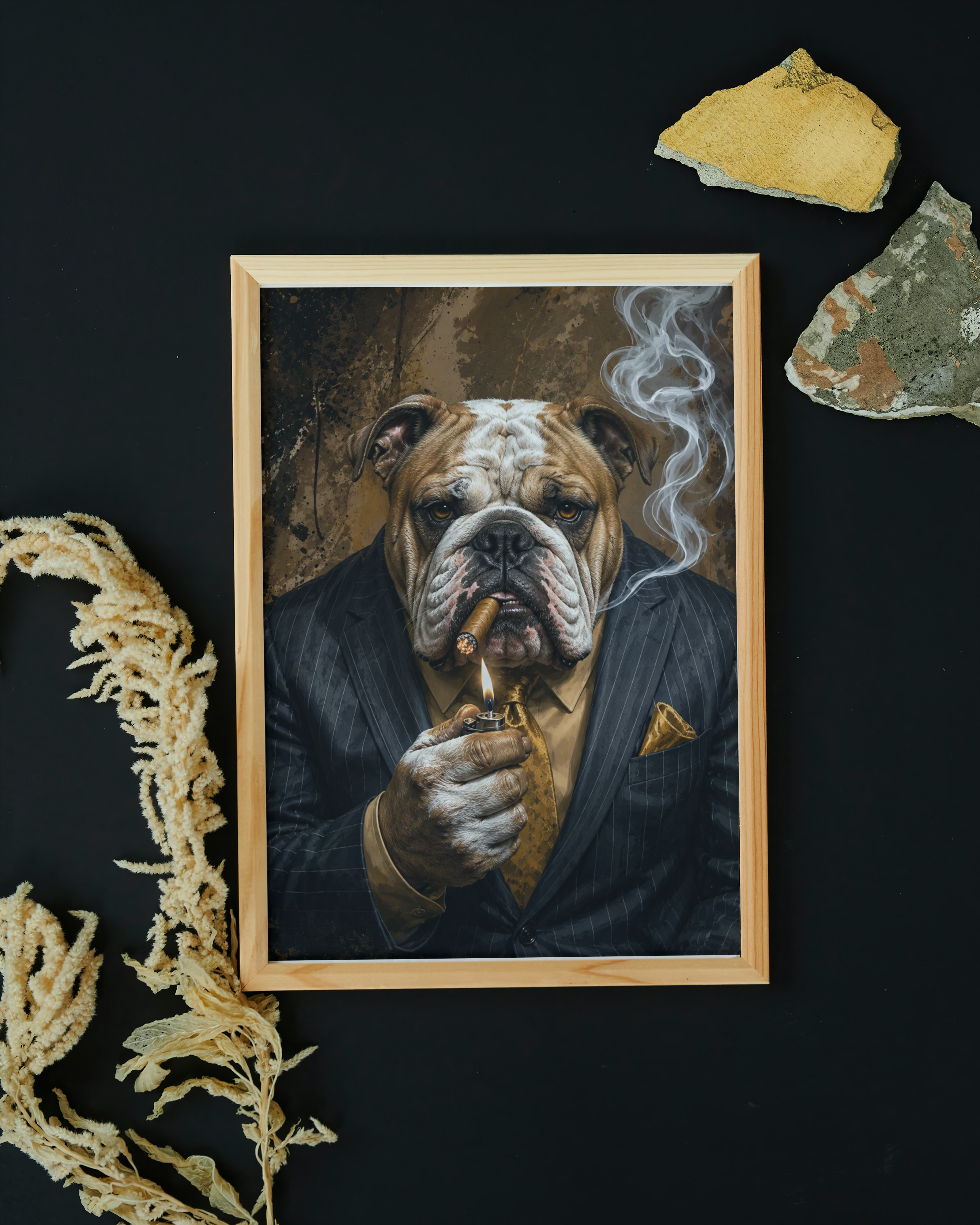Gentleman Bulldog Wall Art – Luxury Animal Portrait Print, Cigar Bulldog Artwork, Dark Masculine Decor, Office Bar Art